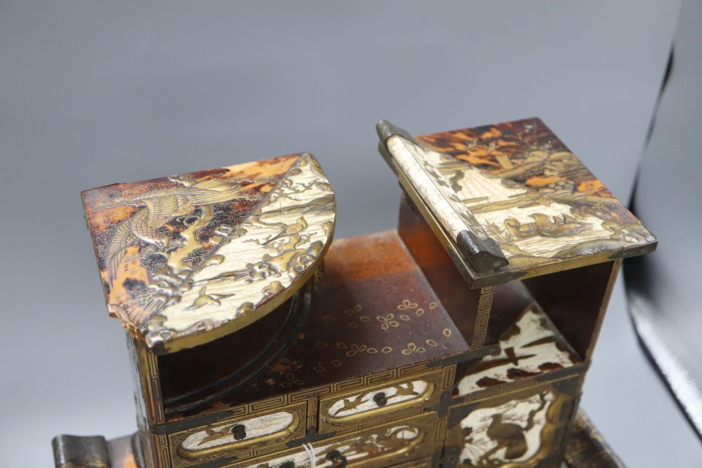 A Japanese Meiji lacquer table cabinet and similar stand, overall height 37.5cm